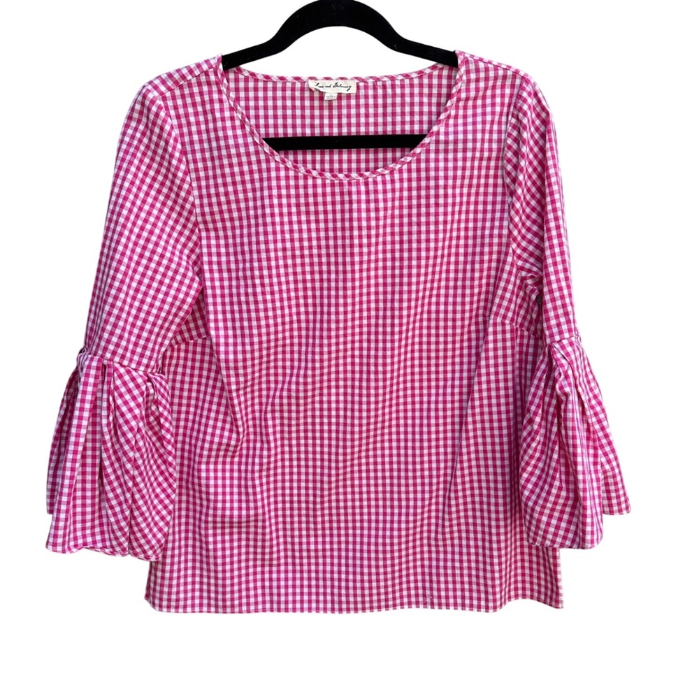 Jane and Delancey Pink Gingham Cotton Bell Sleeve Blouse Top Large